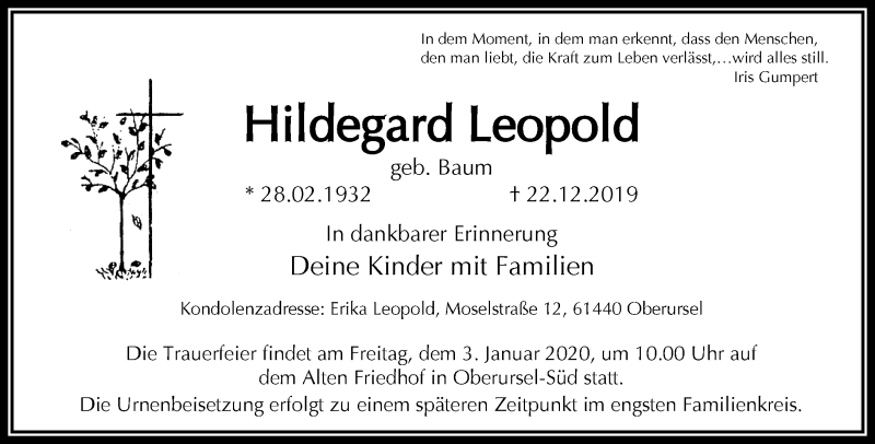  Traueranzeige für Hildegard Leopold vom 28.12.2019 aus RMZ