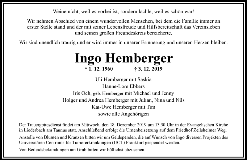  Traueranzeige für Ingo Hemberger vom 14.12.2019 aus RMZ