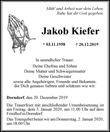 Traueranzeige von Jakob Kiefer von RMZ