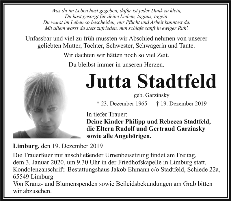  Traueranzeige für Jutta Stadtfeld vom 28.12.2019 aus RMZ