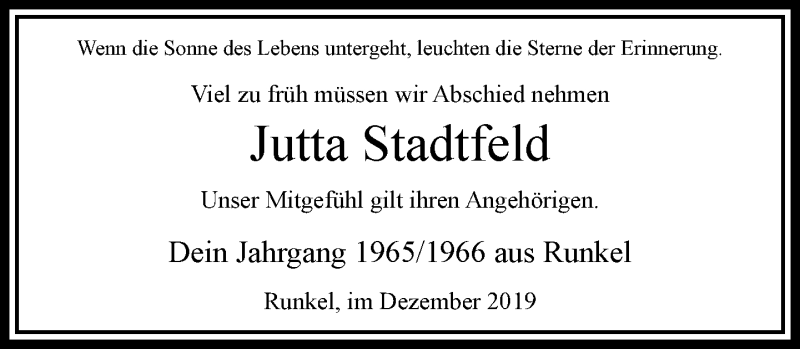  Traueranzeige für Jutta Stadtfeld vom 03.01.2020 aus RMZ