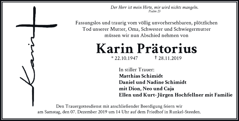  Traueranzeige für Karin Prätorius vom 04.12.2019 aus RMZ