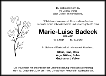 Traueranzeige von Marie-Luise Badeck von RMZ