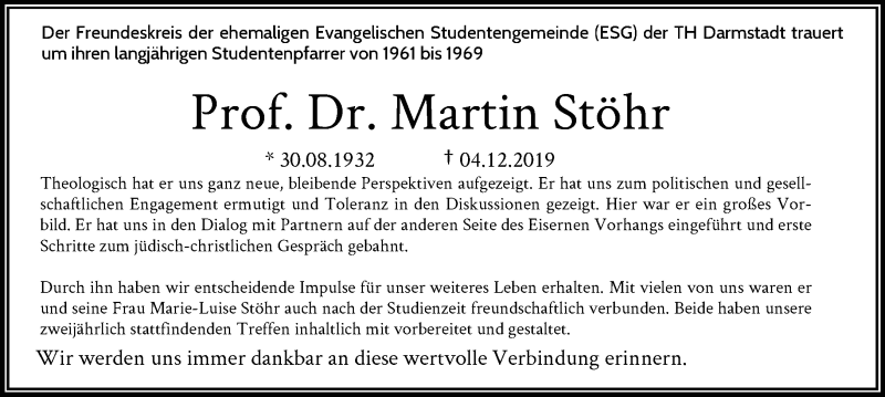  Traueranzeige für Martin Stöhr vom 14.12.2019 aus RMZ