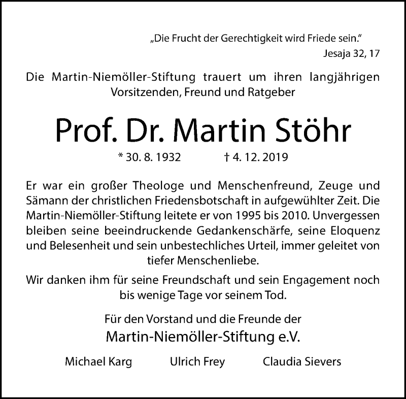 Traueranzeige für Martin Stöhr vom 07.12.2019 aus RMZ