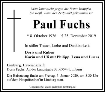 Traueranzeige von Paul Fuchs von RMZ