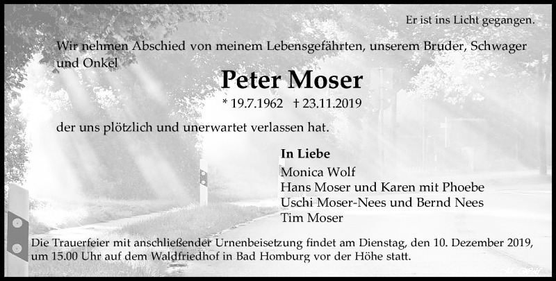  Traueranzeige für Peter Moser vom 07.12.2019 aus RMZ