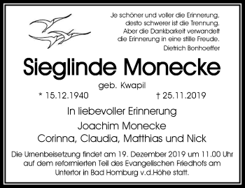 Traueranzeige von Sieglinde Monecke von RMZ