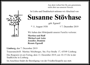 Traueranzeige von Susanne Stövhase von RMZ