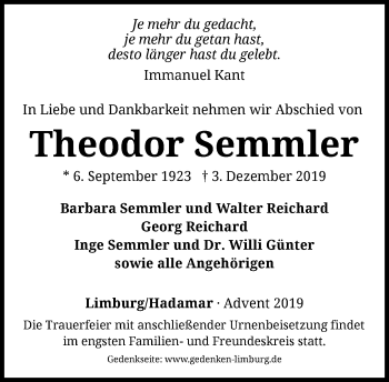Traueranzeige von Theodor Semmler von RMZ