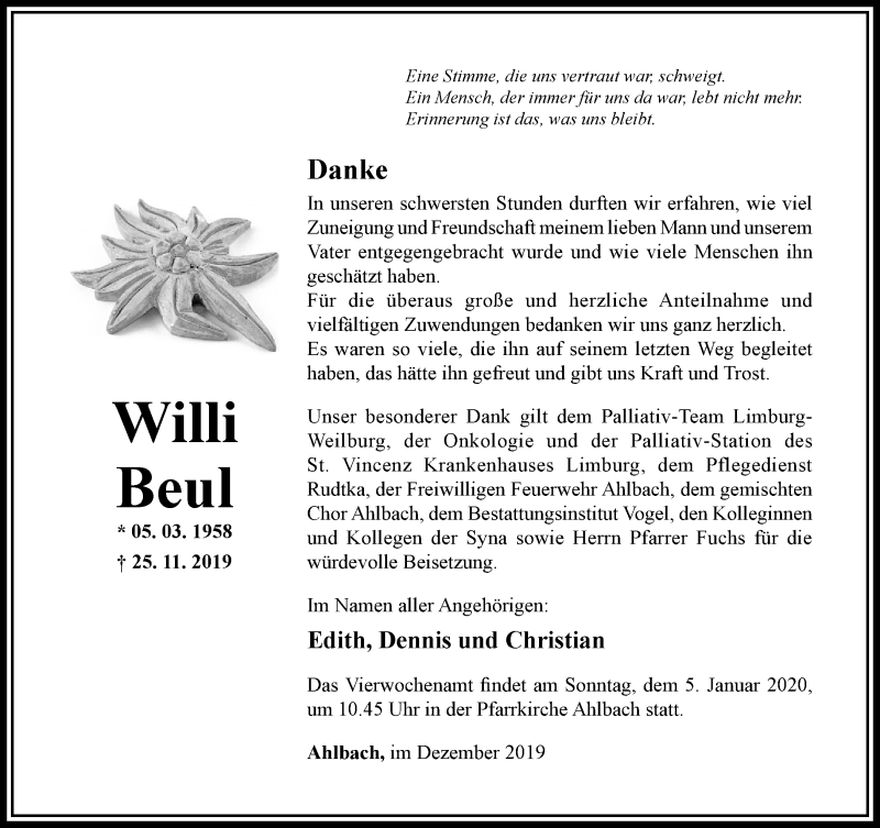 Traueranzeige für Willi Beul vom 21.12.2019 aus RMZ