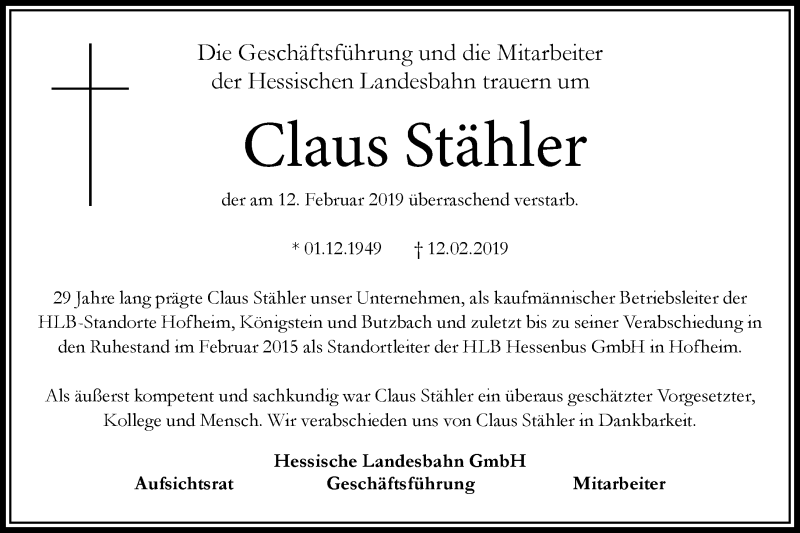  Traueranzeige für Claus Stähler vom 23.02.2019 aus RMZ