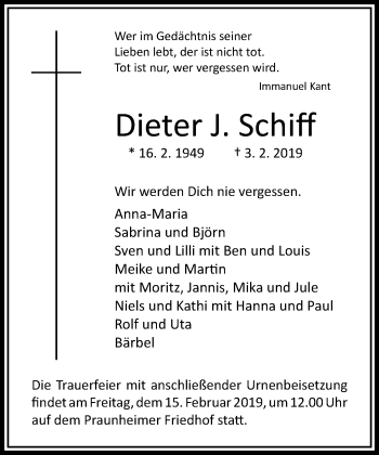 Traueranzeige von Dieter J. Schiff von RMZ