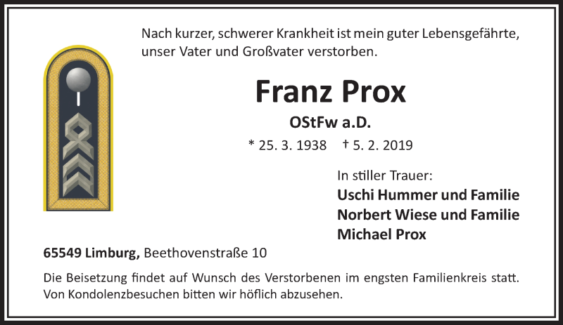  Traueranzeige für Franz Prox vom 09.02.2019 aus RMZ