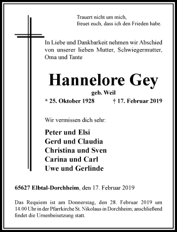 Traueranzeige von Hannelore Gey von RMZ