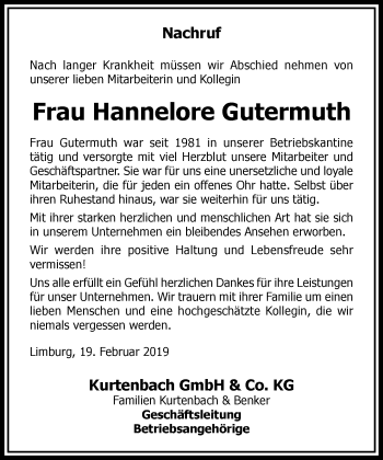 Traueranzeige von Hannelore Gutermuth von RMZ