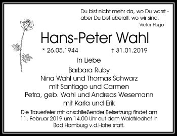Traueranzeige von Hans-Peter Wahl von RMZ