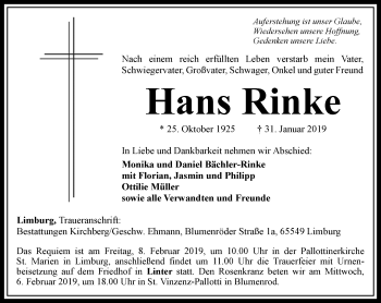 Traueranzeige von Hans Rinke von RMZ