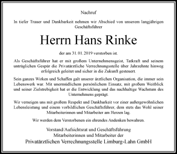 Traueranzeige von Hans Rinke von RMZ