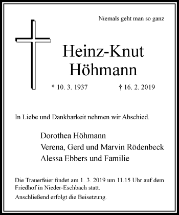 Traueranzeige von Heinz-Knut Höhmann von RMZ