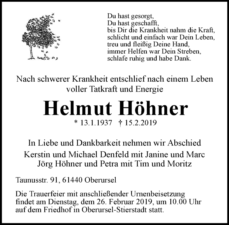  Traueranzeige für Helmut Höhner vom 21.02.2019 aus RMZ