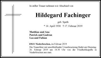 Traueranzeige von Hildegard Fachinger von RMZ