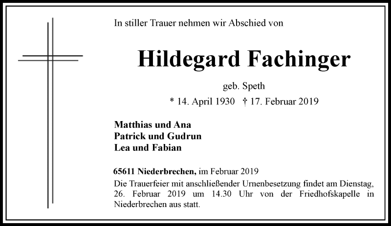  Traueranzeige für Hildegard Fachinger vom 23.02.2019 aus RMZ