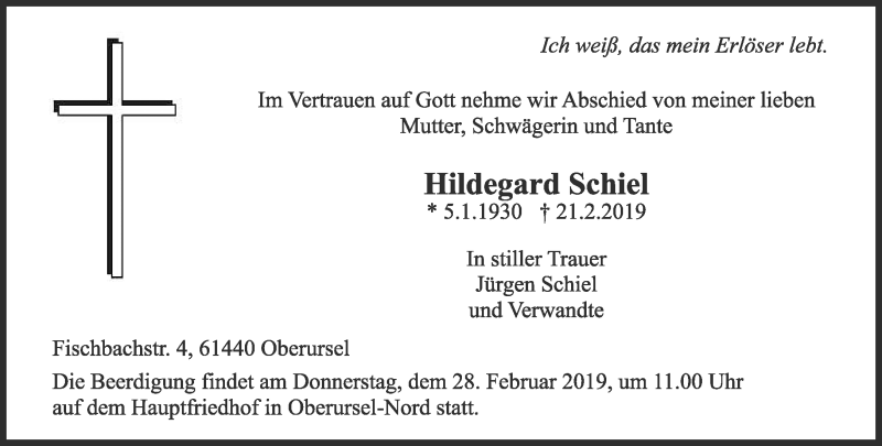  Traueranzeige für Hildegard Schiel vom 26.02.2019 aus RMZ