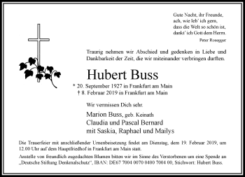 Traueranzeige von Hubert Buss von RMZ