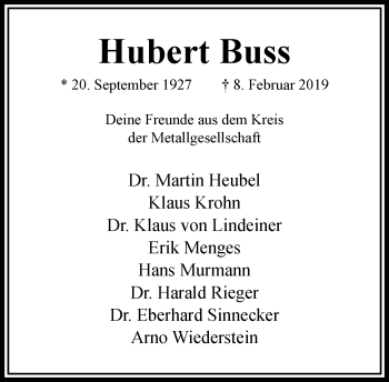 Traueranzeige von Hubert Buss von RMZ
