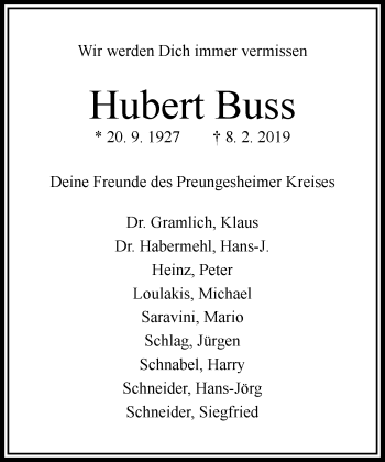 Traueranzeige von Hubert Buss von RMZ