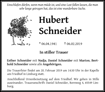 Traueranzeige von Hubert Schneider von RMZ