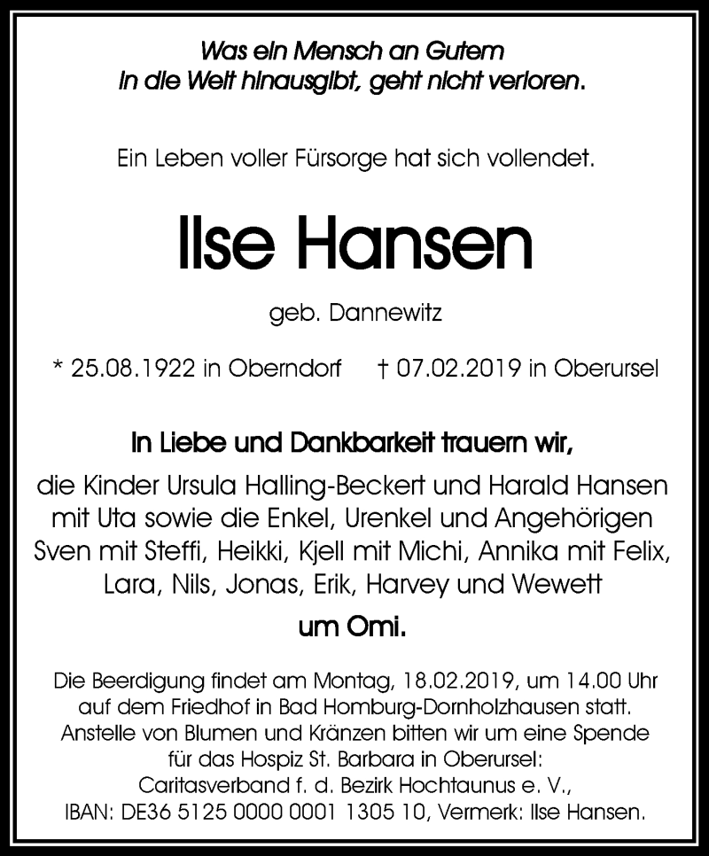  Traueranzeige für Ilse Hansen vom 14.02.2019 aus RMZ