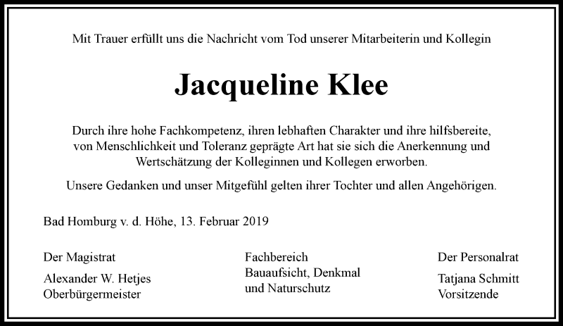  Traueranzeige für Jacqueline Klee vom 16.02.2019 aus RMZ
