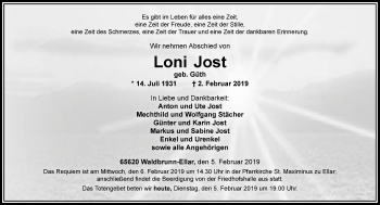 Traueranzeige von Loni Jost von RMZ