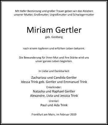 Traueranzeige von Miriam Gertler von RMZ