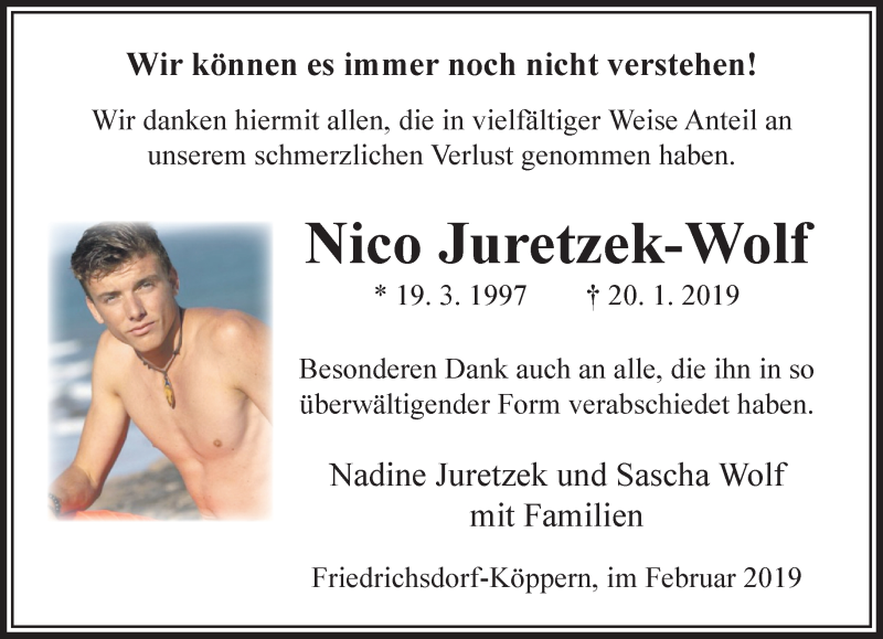  Traueranzeige für Nico Juretzek-Wolf vom 07.02.2019 aus RMZ