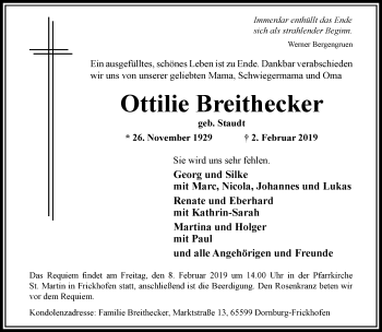 Traueranzeige von Ottilie Breithecker von RMZ