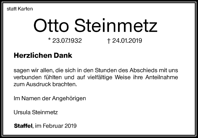  Traueranzeige für Otto Steinmetz vom 23.02.2019 aus RMZ