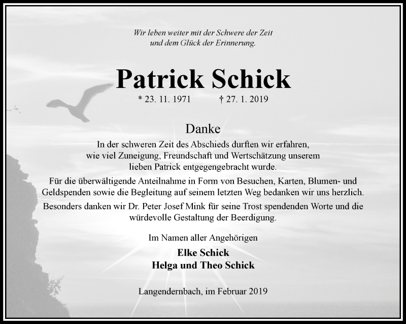  Traueranzeige für Patrick Schick vom 16.02.2019 aus RMZ