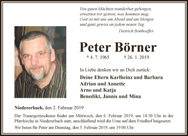  Traueranzeige für Peter Börner vom 02.02.2019 aus RMZ