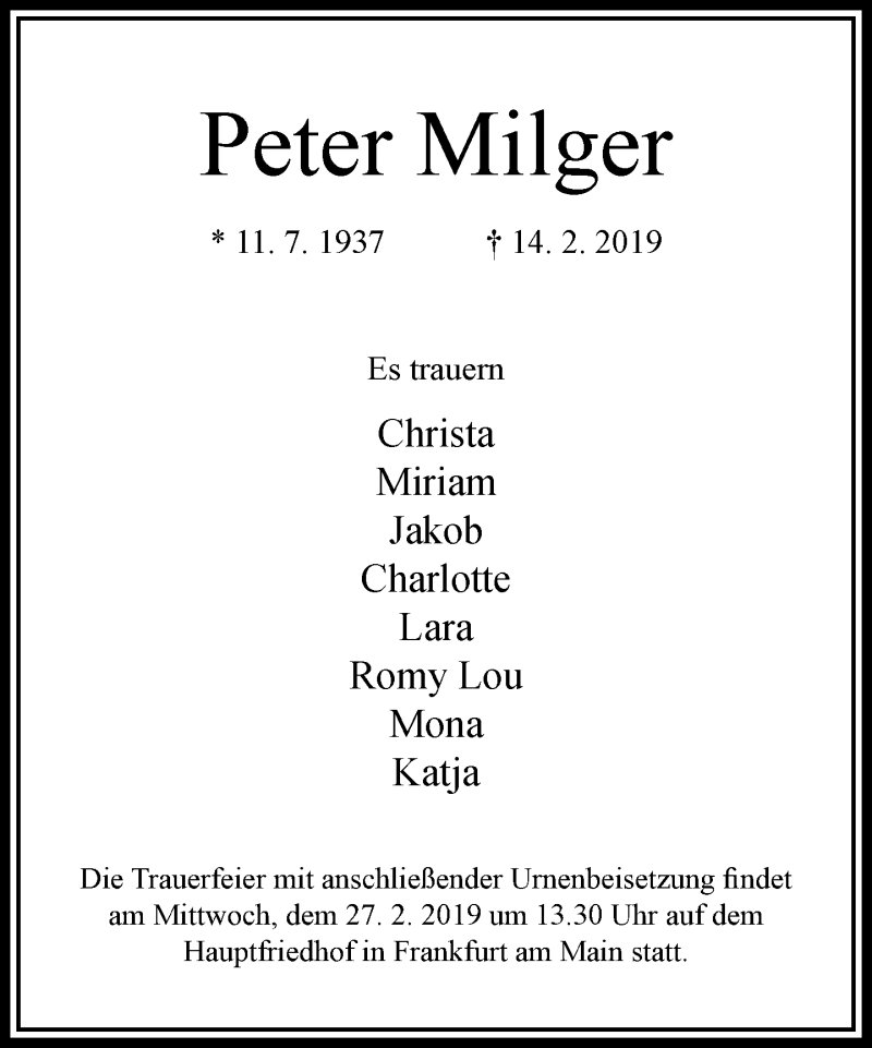  Traueranzeige für Peter Milger vom 23.02.2019 aus RMZ