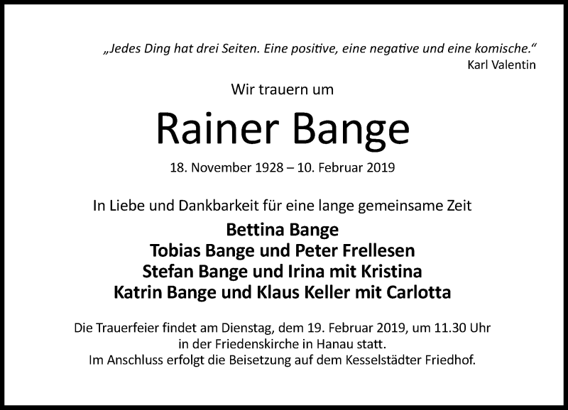  Traueranzeige für Rainer Bange vom 16.02.2019 aus RMZ