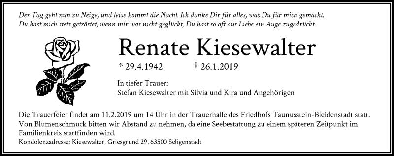  Traueranzeige für Renate Kiesewalter vom 06.02.2019 aus RMZ