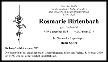 Traueranzeige von Rosmarie Birlenbach von RMZ