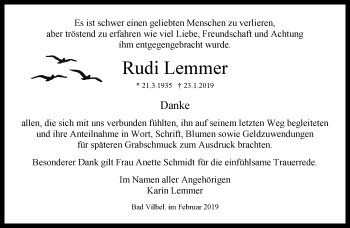 Traueranzeige von Rudi Lemmer von RMZ