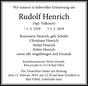 Traueranzeige von Rudolf Henrich von RMZ