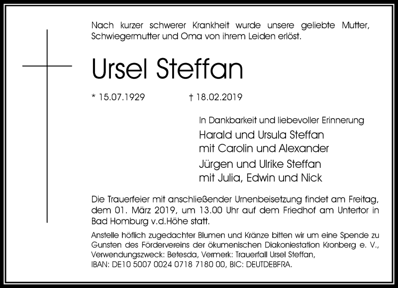  Traueranzeige für Ursel Steffan vom 23.02.2019 aus RMZ