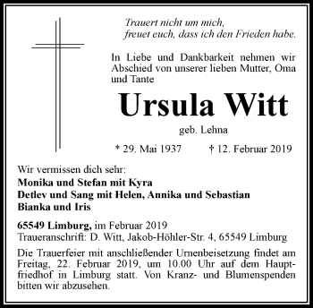 Traueranzeige von Ursula Witt von RMZ