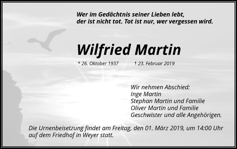  Traueranzeige für Wilfried Martin vom 27.02.2019 aus RMZ